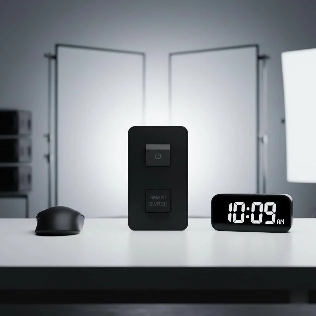 Modern living room with smart lighting controlled by a wall switch